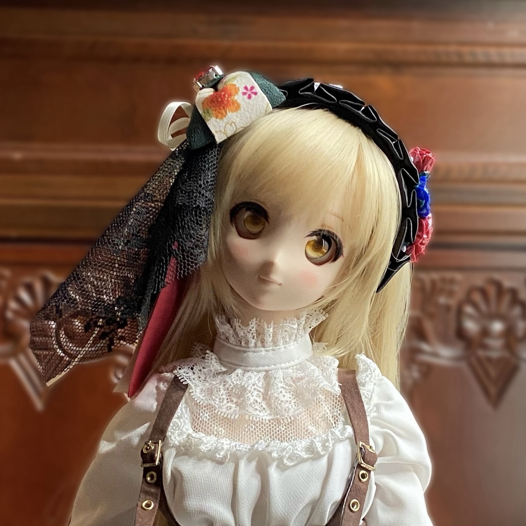 【ドール用】ヘアアクセサリー 黒ヘッドドレス花レッドストーン