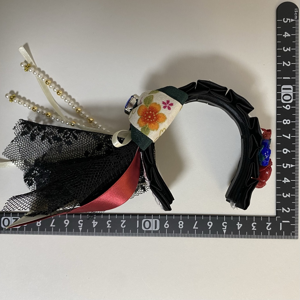 【ドール用】ヘアアクセサリー 黒ヘッドドレス花ブルーストーン