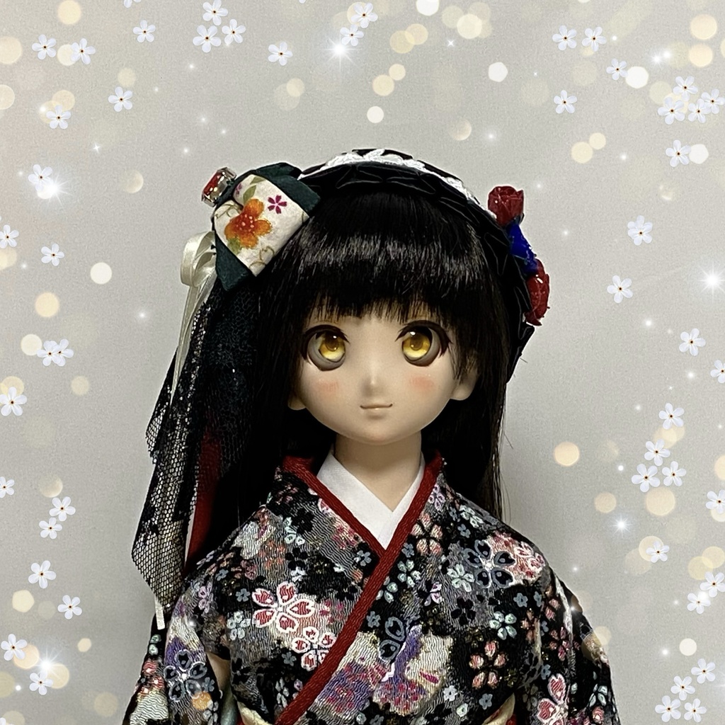 【ドール用】ヘアアクセサリー 黒ヘッドドレス花ブルーストーン