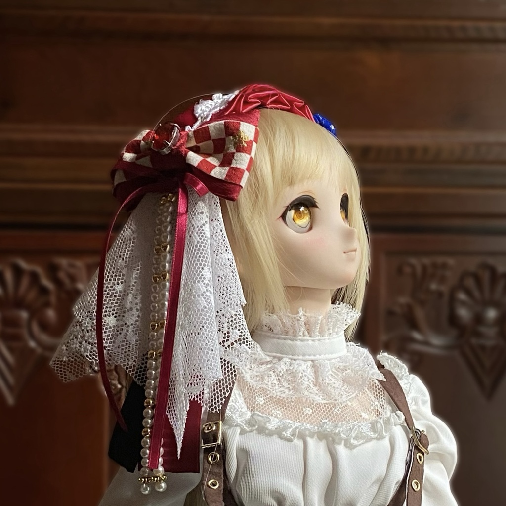 【ドール用】ヘアアクセサリー 赤ヘッドドレス市松レッドストーン