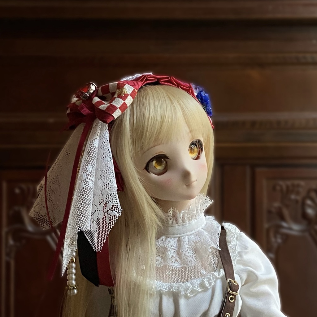 【ドール用】ヘアアクセサリー 赤ヘッドドレス市松レッドストーン