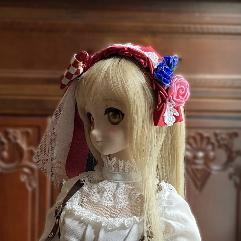 【ドール用】ヘアアクセサリー 赤ヘッドドレス市松レッドストーン