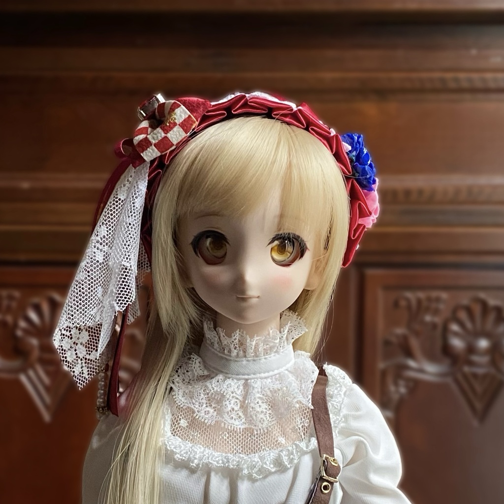 【ドール用】ヘアアクセサリー 赤ヘッドドレス市松レッドストーン