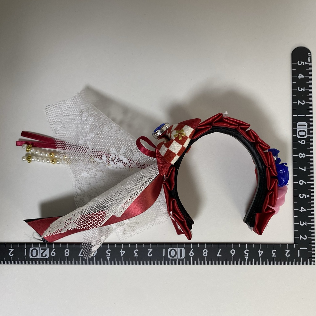 【ドール用】ヘアアクセサリー 赤ヘッドドレス市松ブルーストーン