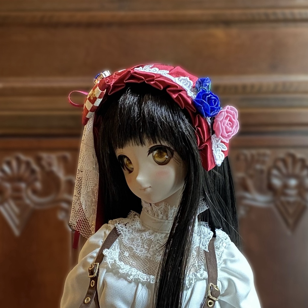 【ドール用】ヘアアクセサリー 赤ヘッドドレス市松ブルーストーン