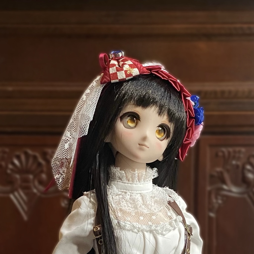 【ドール用】ヘアアクセサリー 赤ヘッドドレス市松ブルーストーン