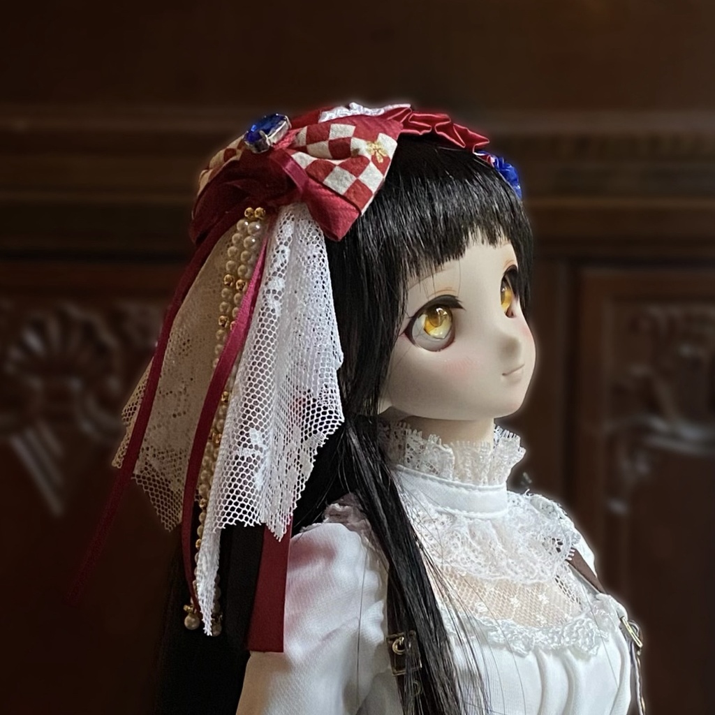 【ドール用】ヘアアクセサリー 赤ヘッドドレス市松ブルーストーン