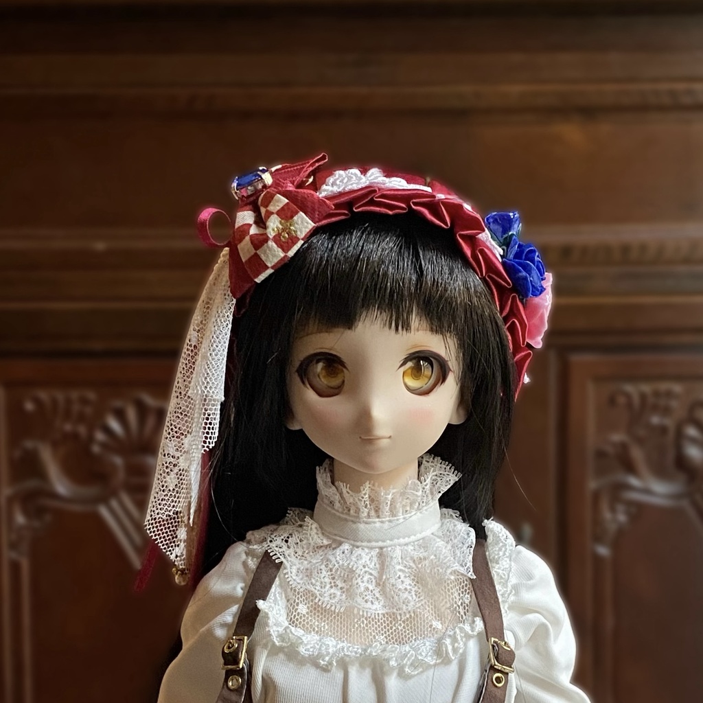 【ドール用】ヘアアクセサリー 赤ヘッドドレス市松ブルーストーン