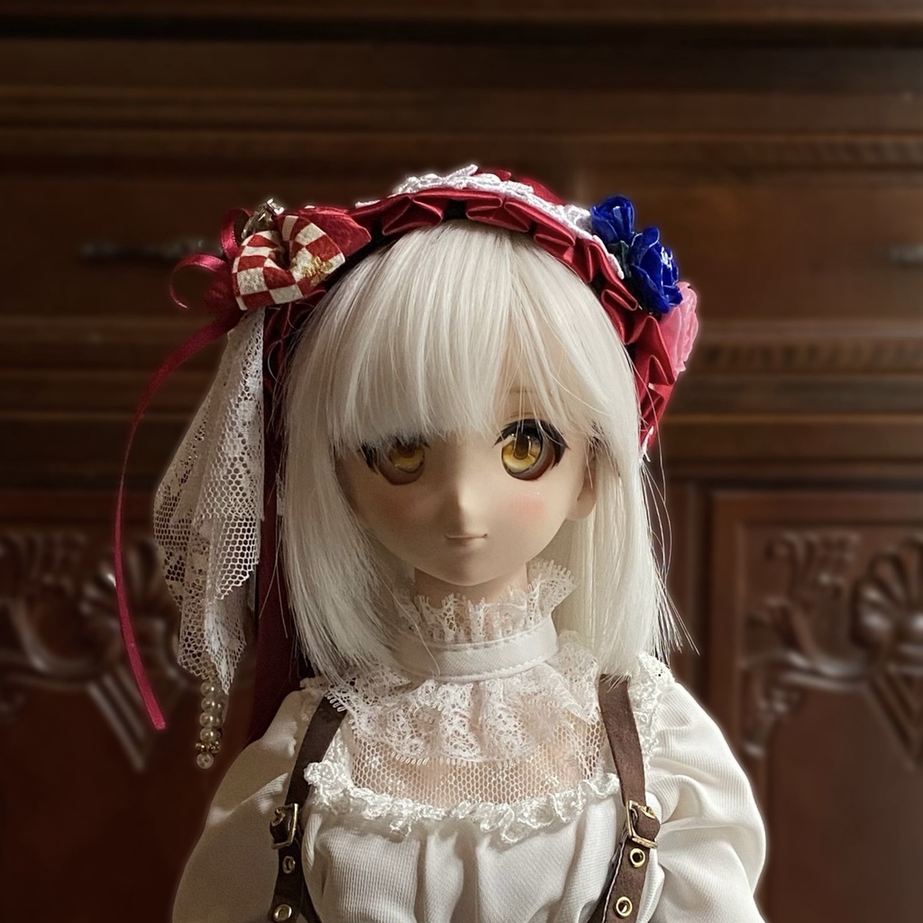 【ドール用】ヘアアクセサリー  赤ヘッドドレス市松クリスタルストーン