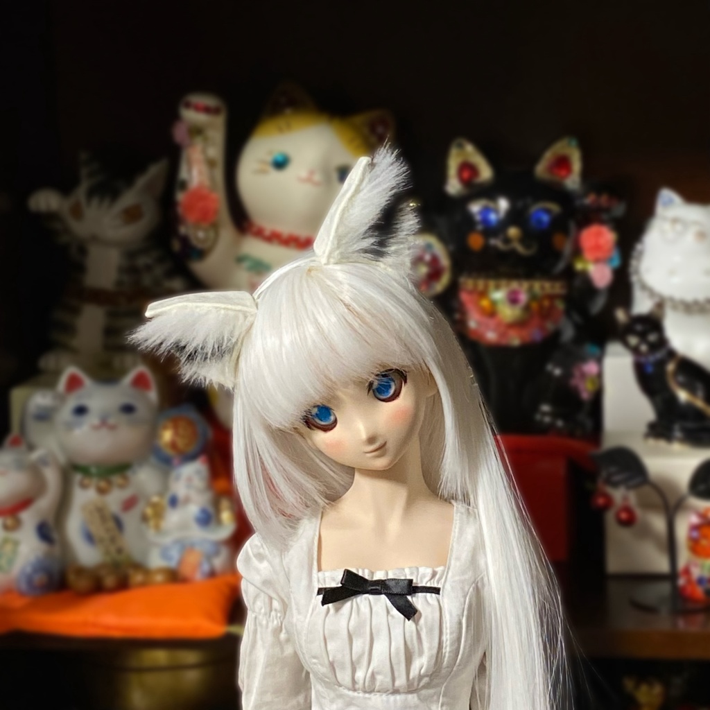 【ドール用】 ネコ耳、キツネ耳、イヌ耳カチューシャ 耳毛2色型《耳サイズ:大》、耳色:ホワイト