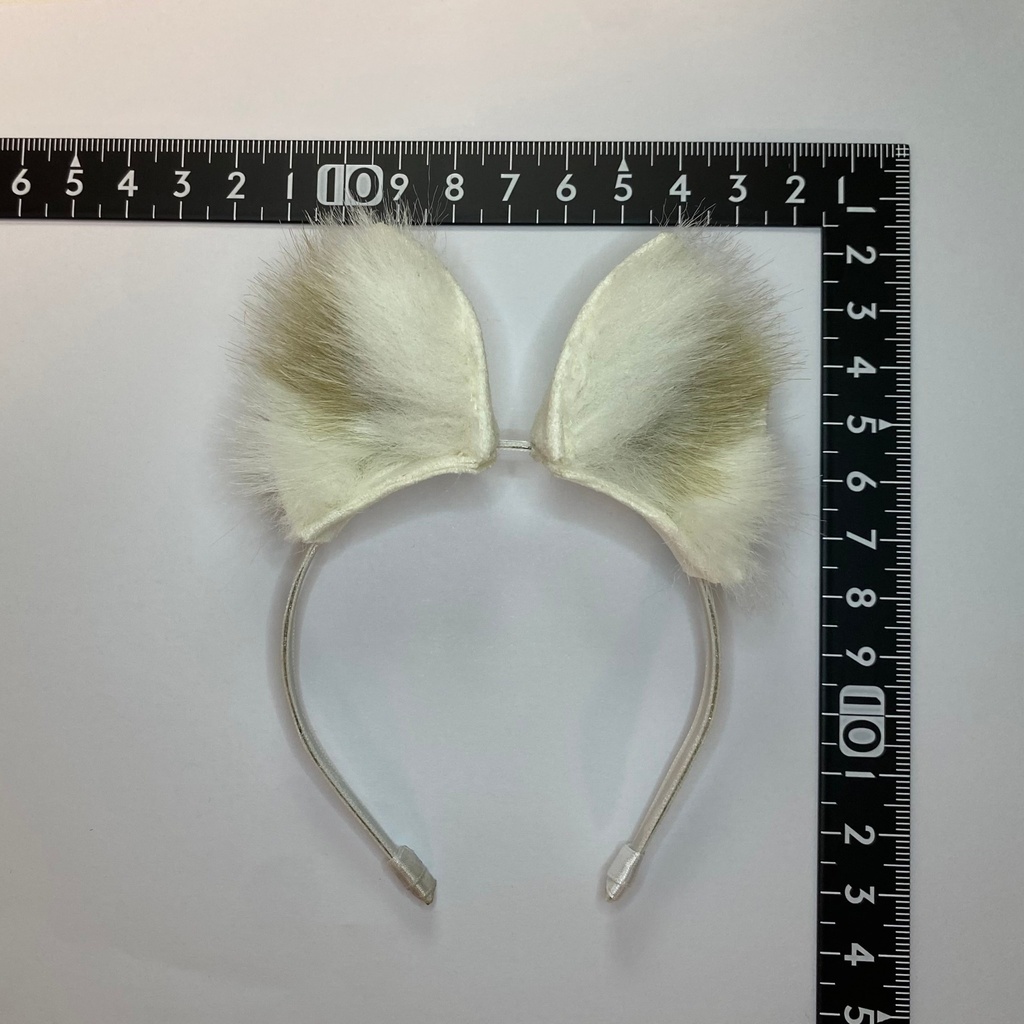 【ドール用】 ネコ耳、キツネ耳、イヌ耳カチューシャ 耳毛2色型《耳サイズ:大》、耳色:ホワイト