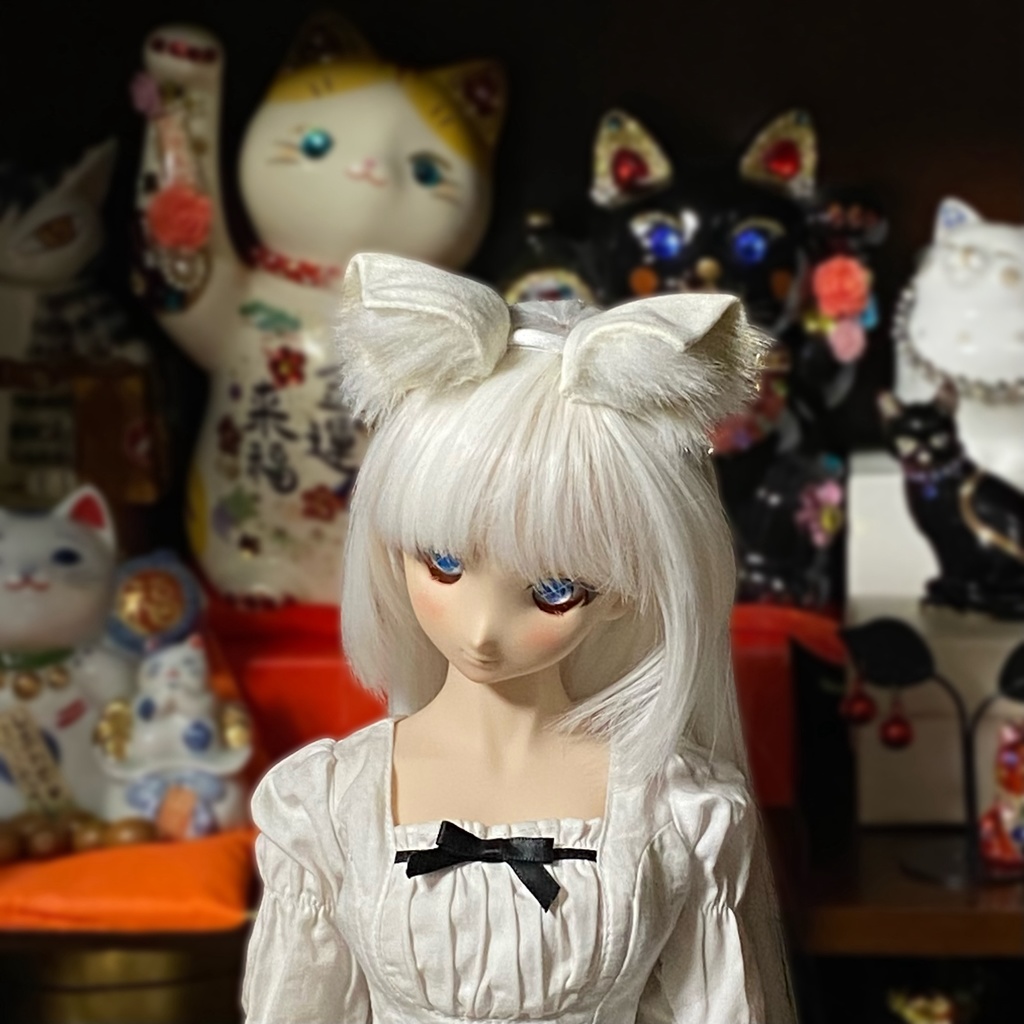 【ドール用】 ネコ耳、キツネ耳、イヌ耳カチューシャ 耳毛2色型《耳サイズ:大》、耳色:ホワイト