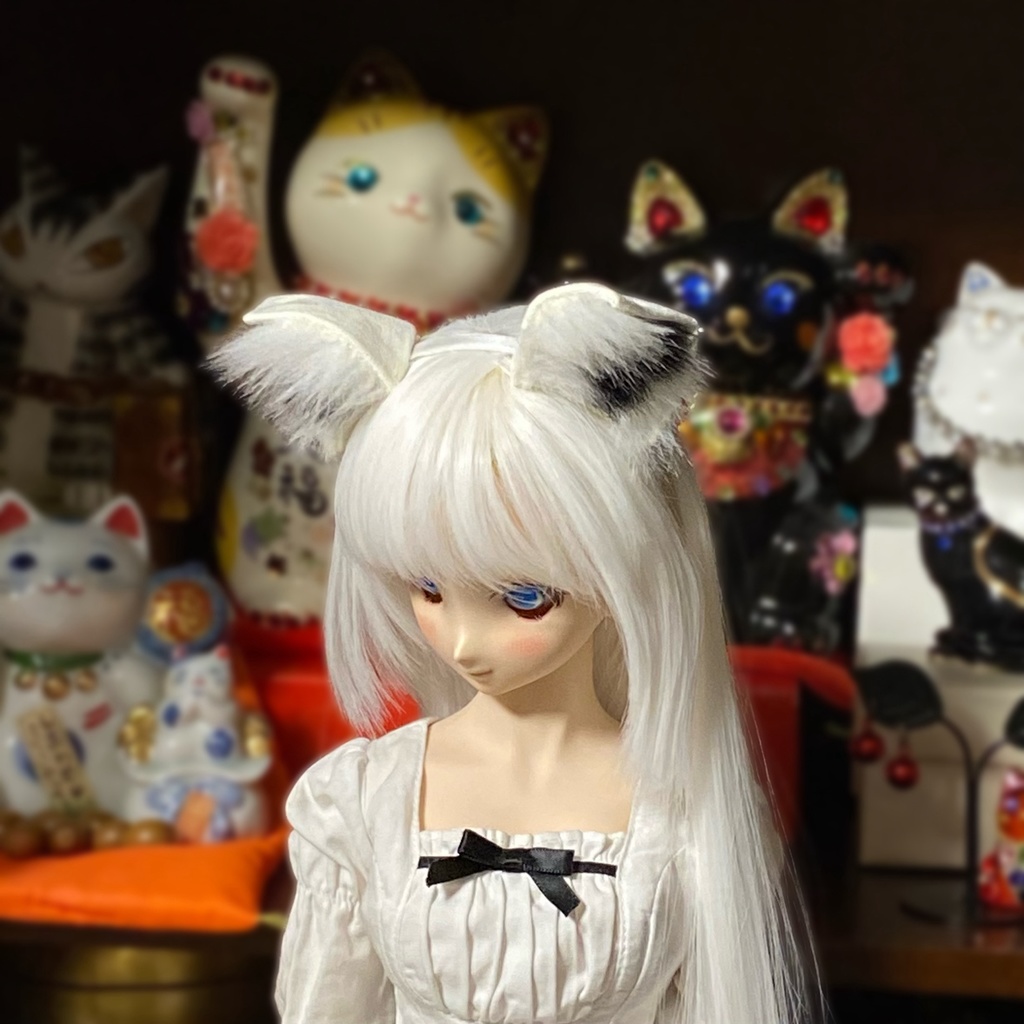 【ドール用】 ネコ耳、キツネ耳、イヌ耳カチューシャ 耳毛2色型《耳サイズ:大》、耳色:ホワイト