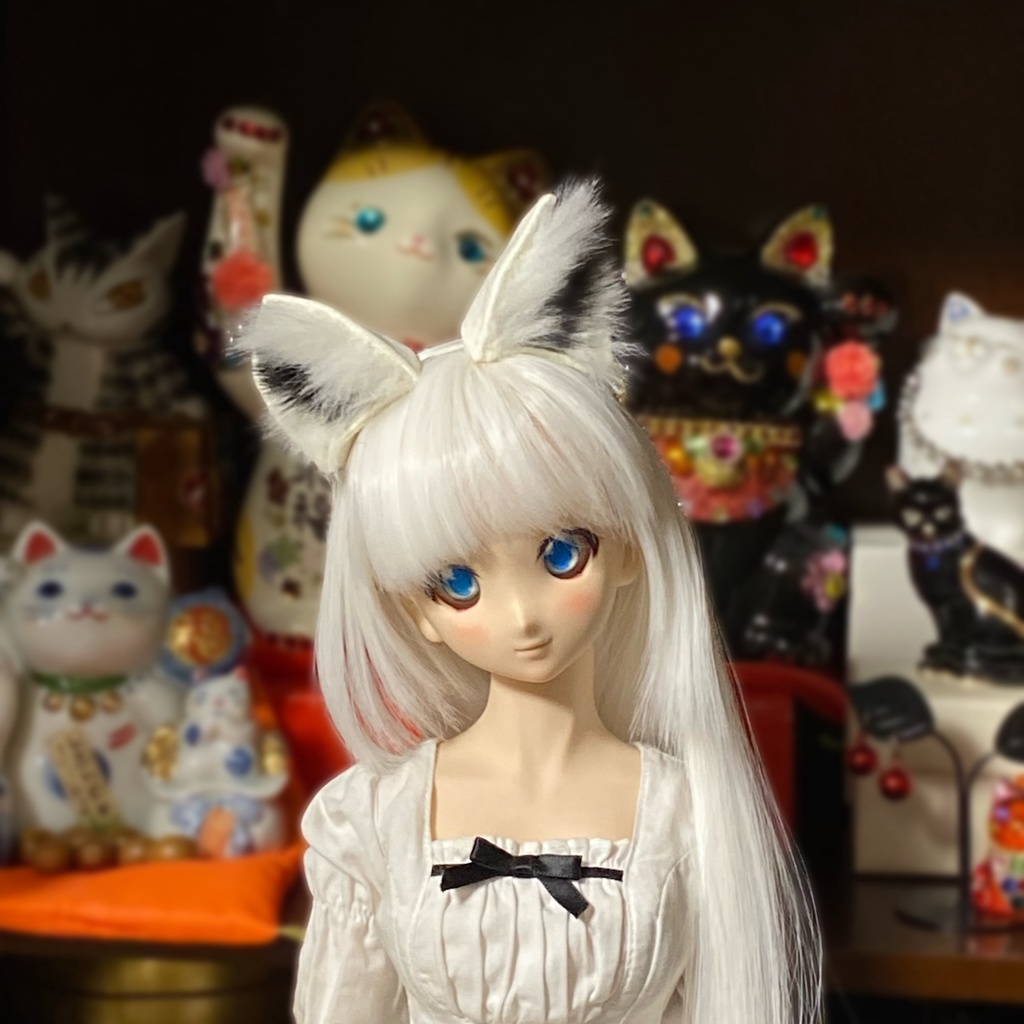 【ドール用】 ネコ耳、キツネ耳、イヌ耳カチューシャ 耳毛2色型《耳サイズ:大》、耳色:ホワイト