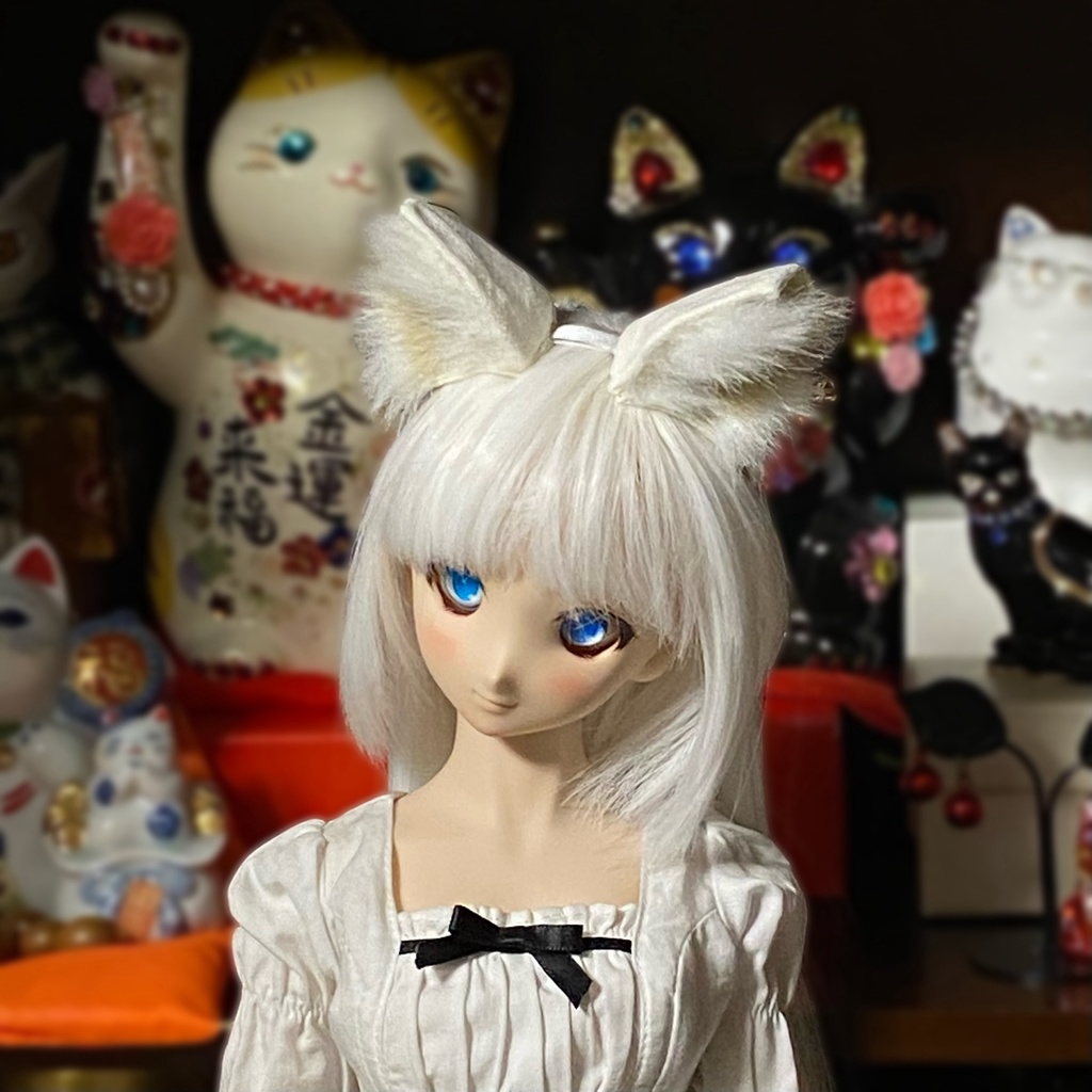 【ドール用】 ネコ耳、キツネ耳、イヌ耳カチューシャ 耳毛2色型《耳サイズ:大》、耳色:ホワイト