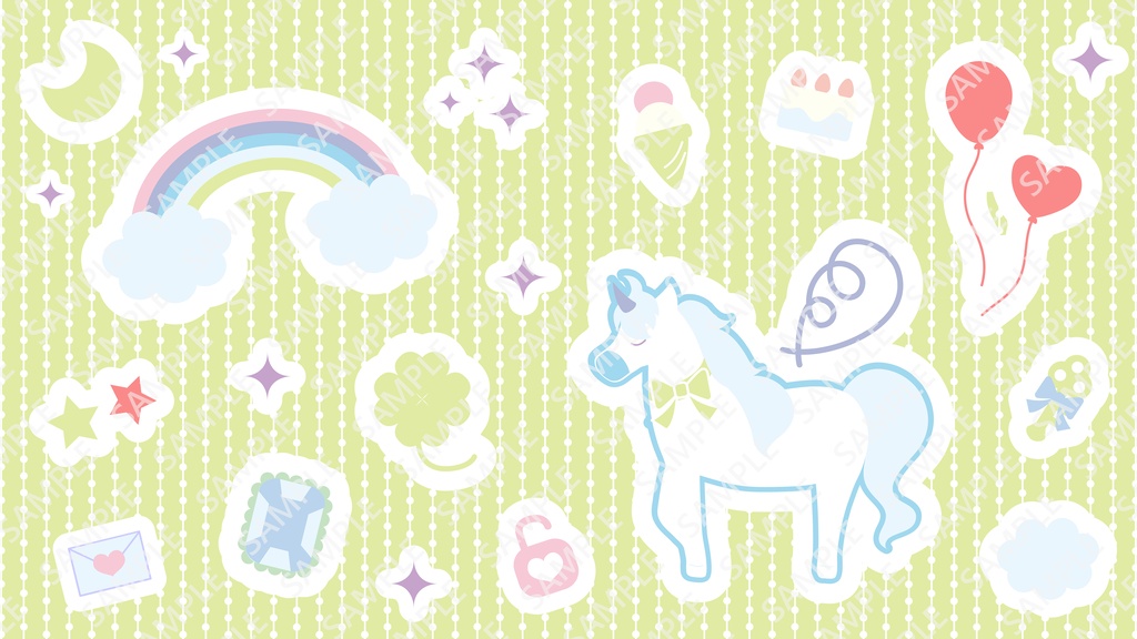 ゆめかわアイテムとユニコーンのシール風セットイラスト