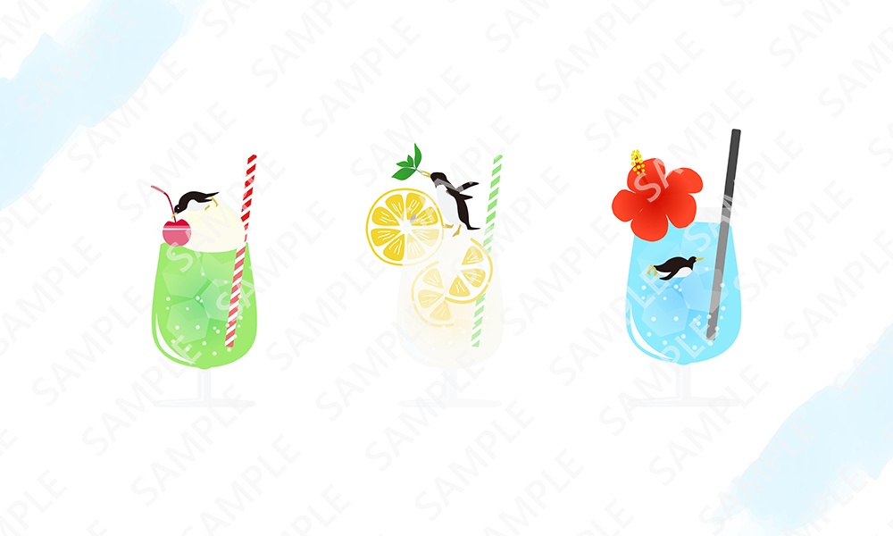 ソーダを楽しむペンギンのセットイラスト