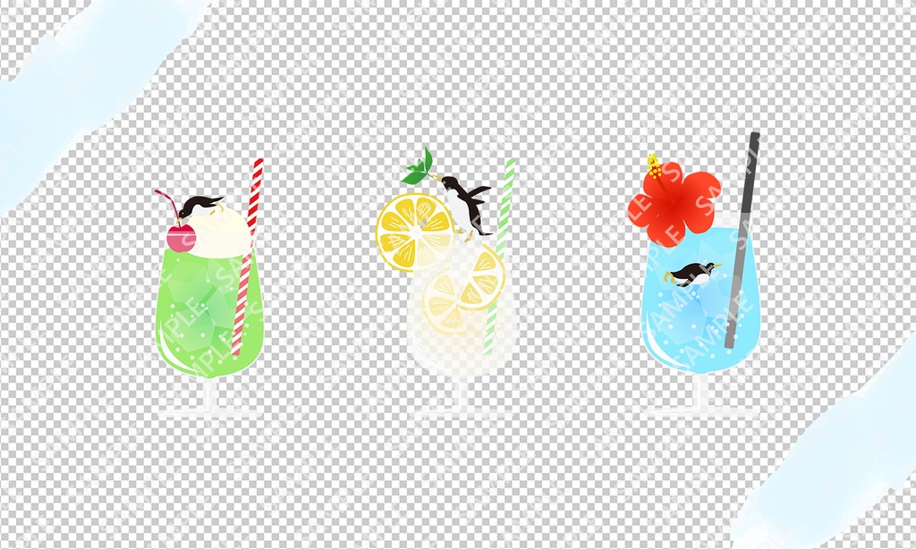 ソーダを楽しむペンギンのセットイラスト