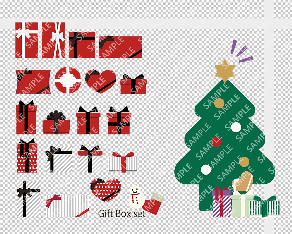 クリスマスツリーとプレゼントのイラスト (色々なギフトボックスのセット)