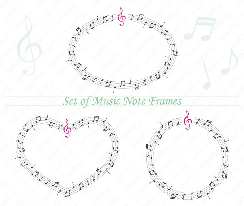 ピンクのト音記号がアクセントの音楽フレームセット(ハート・円形・楕円形)