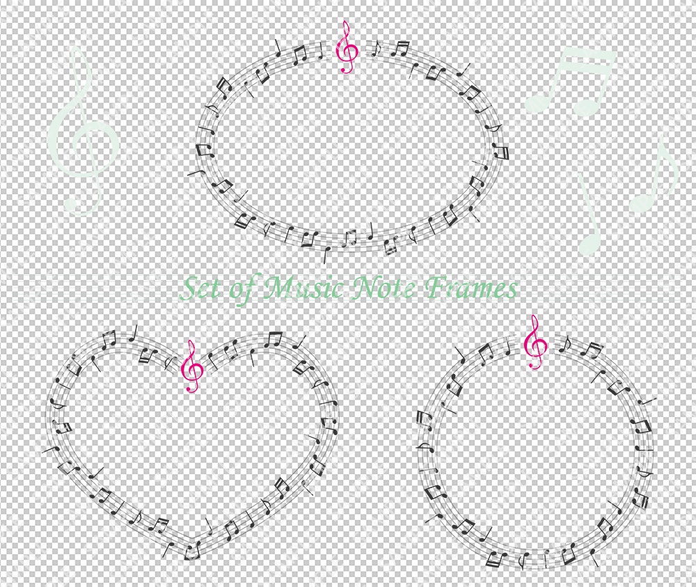 ピンクのト音記号がアクセントの音楽フレームセット(ハート・円形・楕円形)