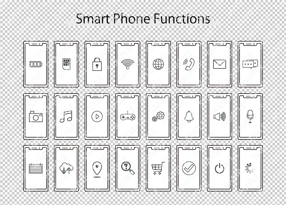 スマホとスマートフォンの機能イメージイラスト ラインイラストセット/正面【PNG透過/ベクター】