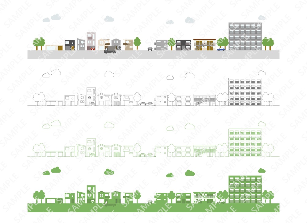 住宅街を描いた街並みのイラストセット