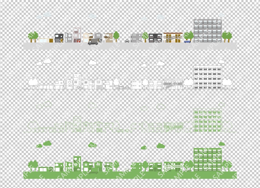 住宅街を描いた街並みのイラストセット