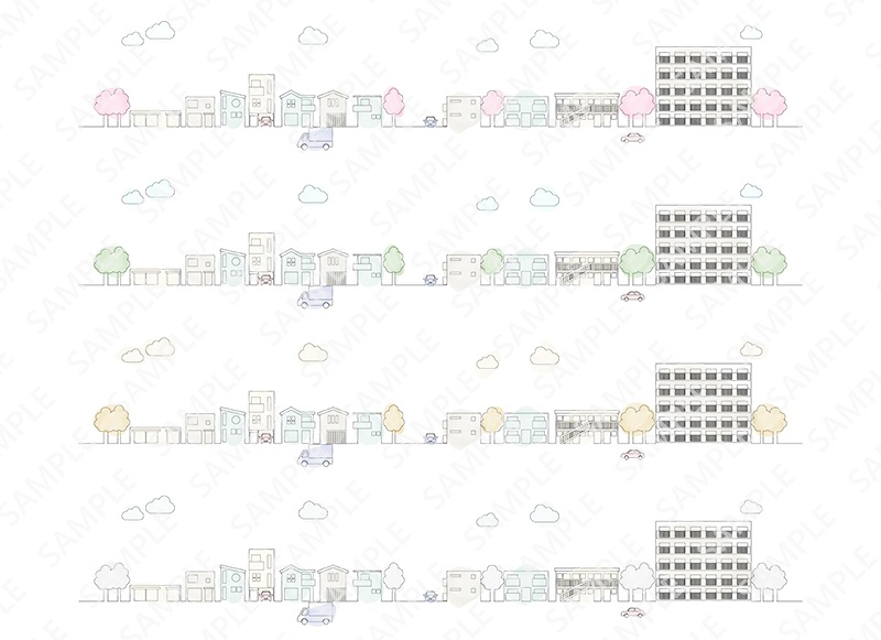 四季の住宅街の街並みセットイラスト【PNG透過/ベクター】