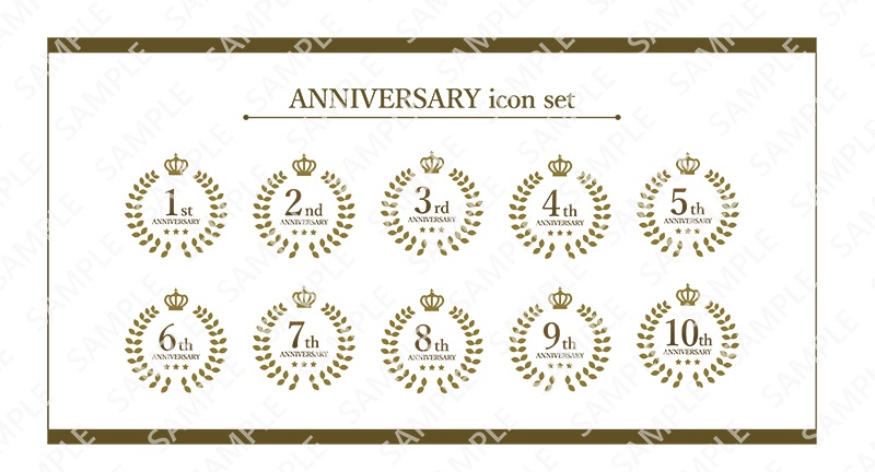 1周年～10周年の記念エンブレムアイコンセット 王冠・月桂樹・星