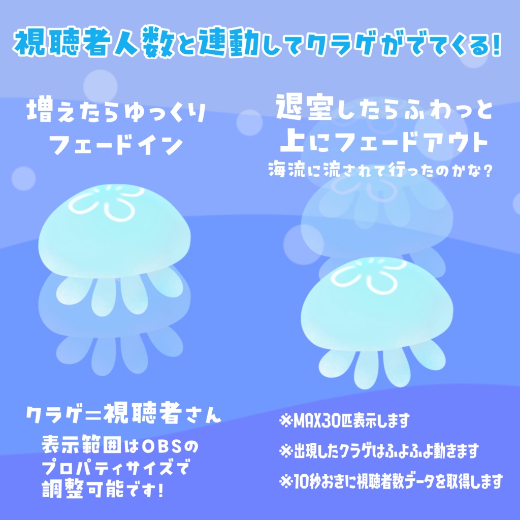 【わんコメテンプレート】同接人数ぶんのふわふわ動くクラゲがでてくる素材(MAX30匹)