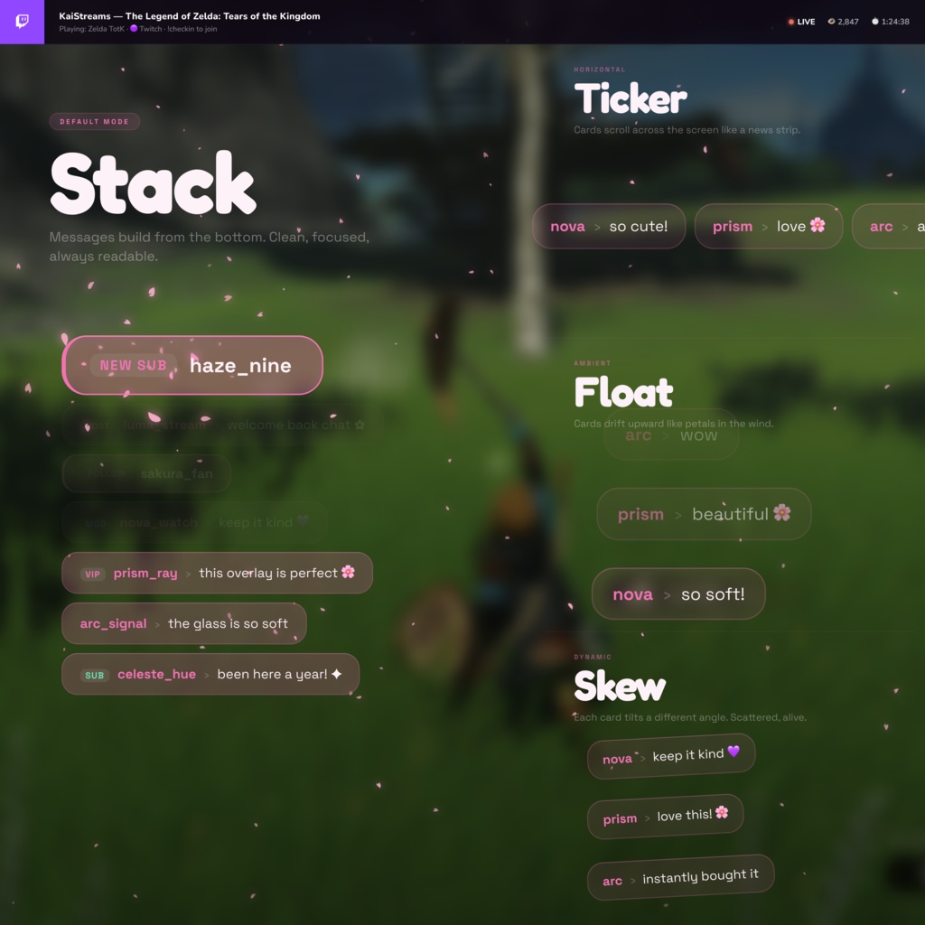 SAKURA CHAT|桜吹雪チャットオーバーレイ|4レイアウト・7アラート・グラスカード|限定20部|StreamElements OBS対応