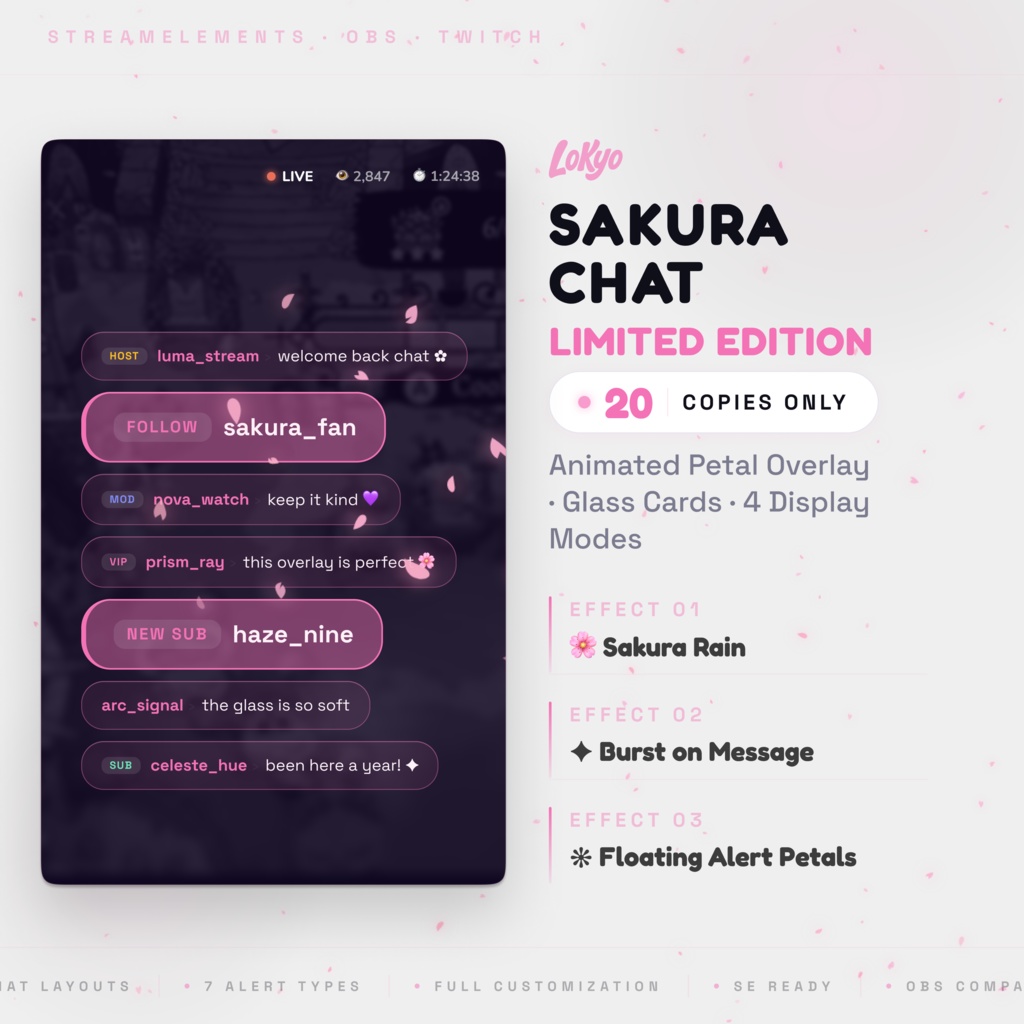 SAKURA CHAT｜桜吹雪チャットオーバーレイ｜4レイアウト・7アラート・グラスカード｜限定20部｜StreamElements OBS対応