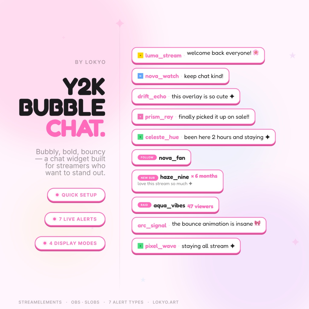 Y2K Bubble Chat — Twitch chat overlay for StreamElements · bubbly Y2K aesthetic · animated chat widget · OBS · SLOBS · 4 display modes · 7 alert types · fully customizable