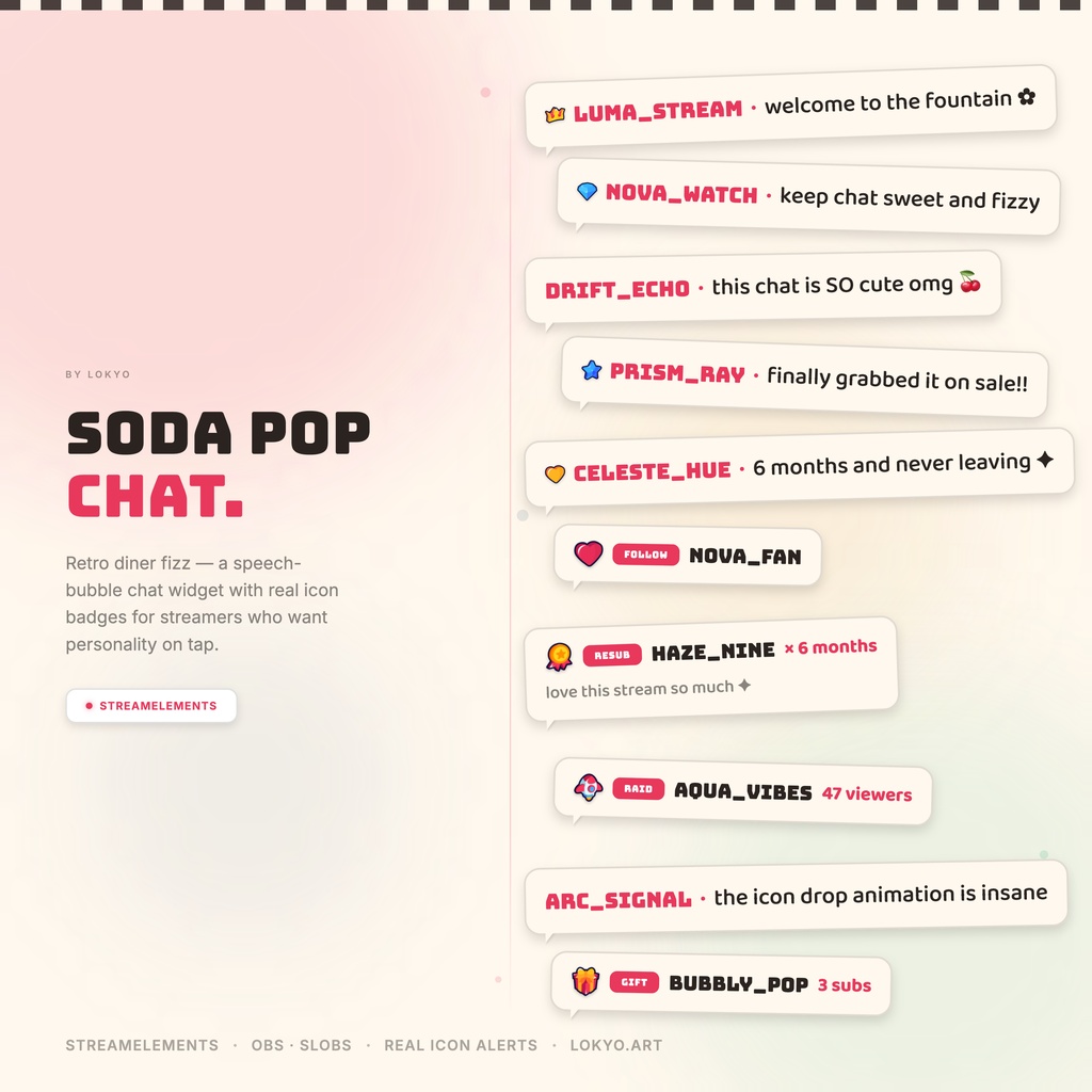 Soda Pop Chat — Twitch chat overlay for StreamElements · retro diner speech-bubble chat widget · real Twitch badge support · OBS · SLOBS · 4 display modes · 7 alert types · fully customizable