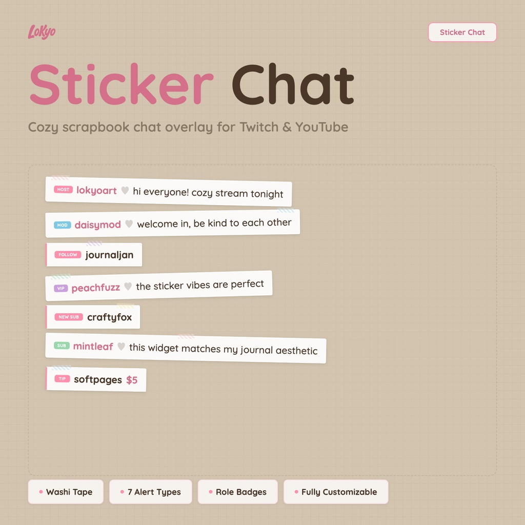 Sticker Chat — Cozy Scrapbook Chat Overlay for Twitch, 4 Display Modes · Washi Tape Cards