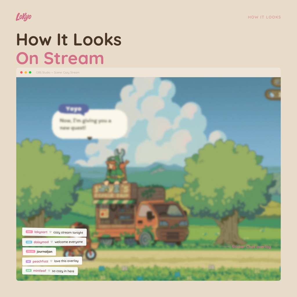 Sticker Chat — Cozy Scrapbook Chat Overlay for Twitch, 4 Display Modes · Washi Tape Cards