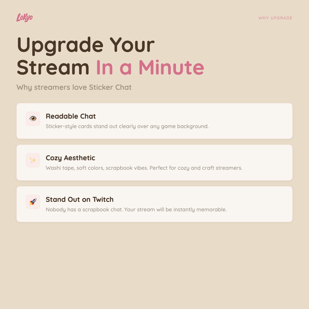 Sticker Chat — Cozy Scrapbook Chat Overlay for Twitch, 4 Display Modes · Washi Tape Cards