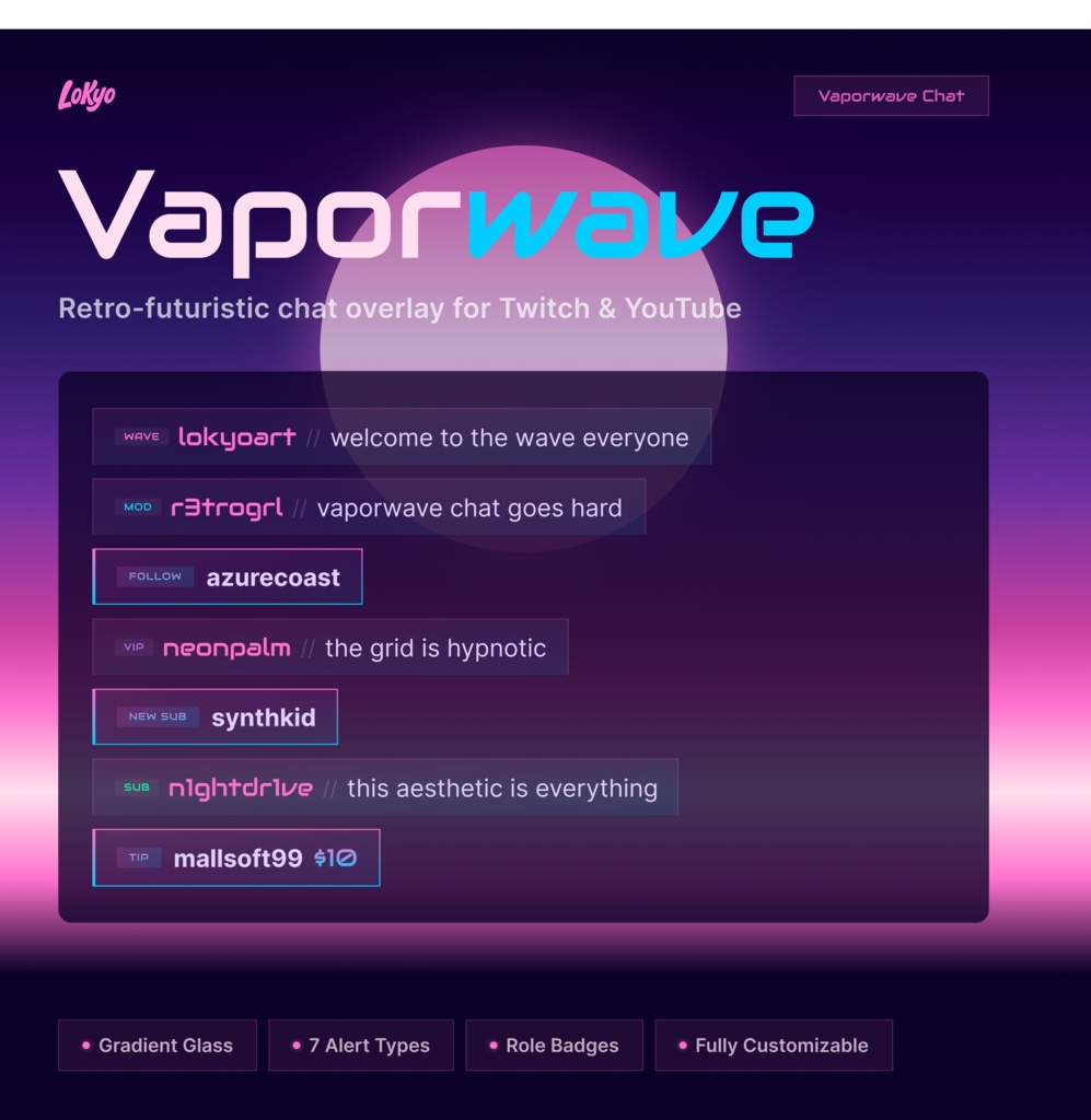 Vaporwave Chat Overlay – Retro-futuristic Gradient Glass for StreamElements, Neon Pink Cyan