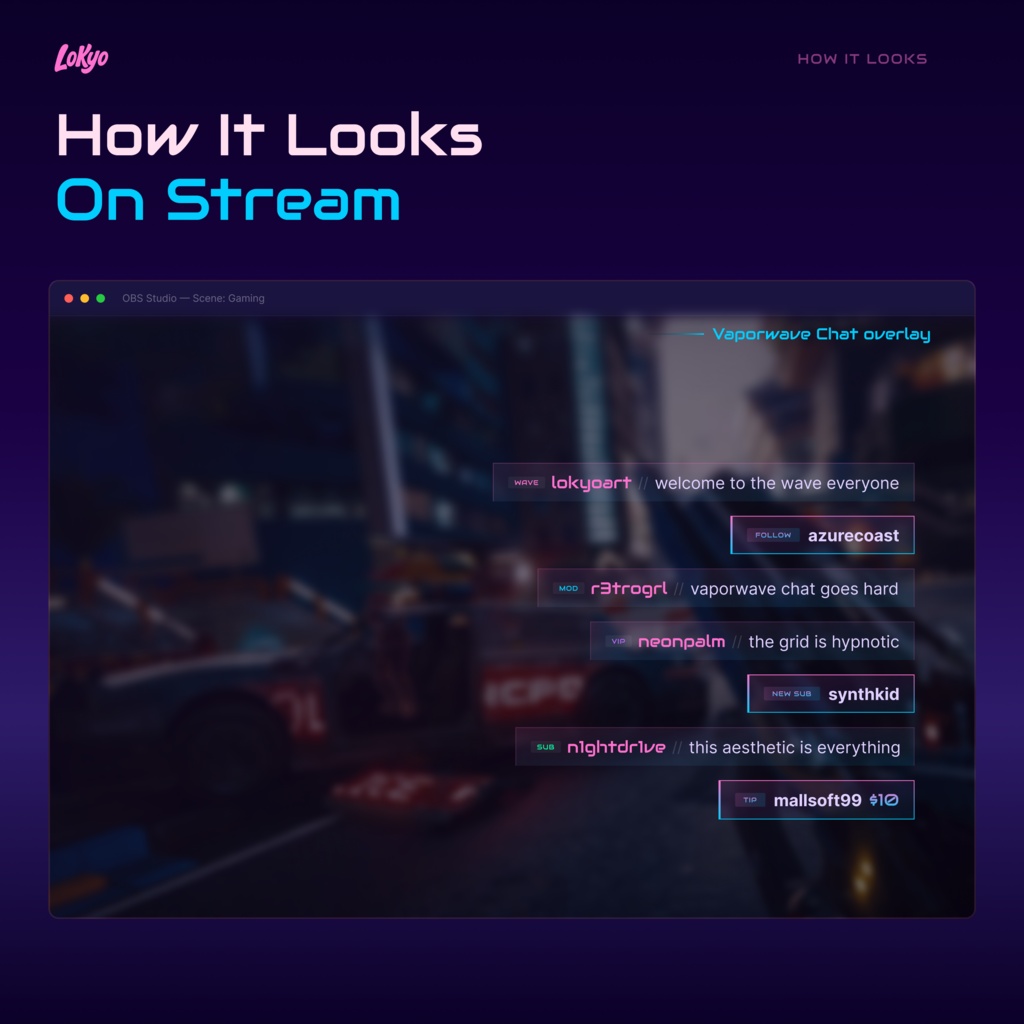 Vaporwave Chat Overlay – Retro-futuristic Gradient Glass for StreamElements, Neon Pink Cyan