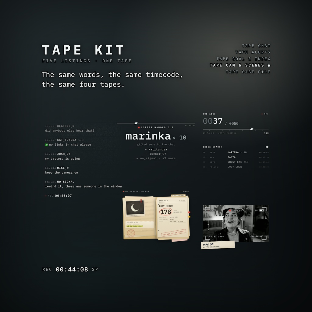TAPE CAM & SCENES(Webカメ枠+待機・休憩・終了画面)| TAPE KIT|アナログホラー VHSビデオテープ風 チャット・アラート・サブゴール・Webカメ枠|ホラゲー配信オーバーレイ|Twitch StreamElements OBS