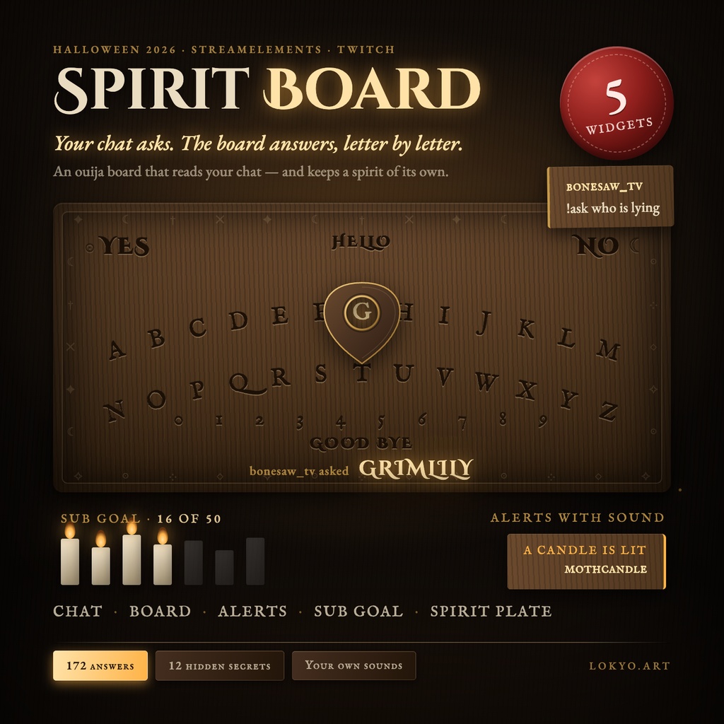 【Twitch・YouTube対応】SPIRIT BOARD｜チャットに答えるウィジャボード（西洋版こっくりさん）｜チャット・アラート・サブゴール付き｜ハロウィン ホラー配信オーバーレイ｜StreamElements OBS