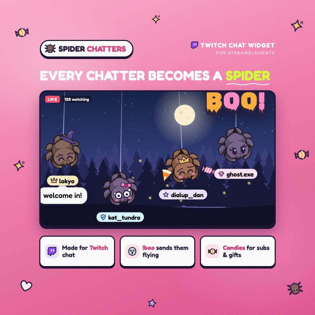 🕷️ SPIDER CHATTERS（クモ) | CHATTERS｜チャットした人がおばけ・かぼちゃ・ガイコツ・クモになる｜かわいいハロウィン 視聴者参加型チャットオーバーレイ｜Twitch StreamElements OBS