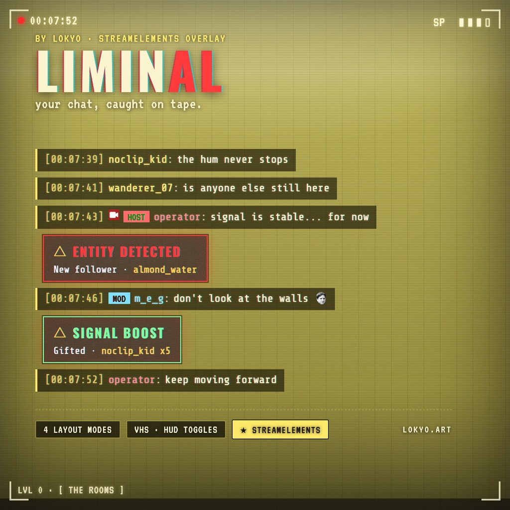 LIMINAL CHAT(チャット)|バックルーム・リミナルスペース アナログホラー チャット・アラート・ゴール|VHS ホラゲー配信オーバーレイ|Twitch StreamElements OBS