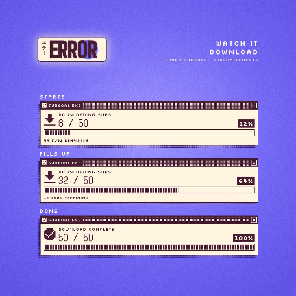 ERROR SUBGOAL(サブゴール) 【Twitch・YouTube対応】ERROR KIT|エラー画面・ポップアップ風 チャット・アラート・サブゴール|平成レトロ Y2K ピクセル 配信オーバーレイ|StreamElements OBS