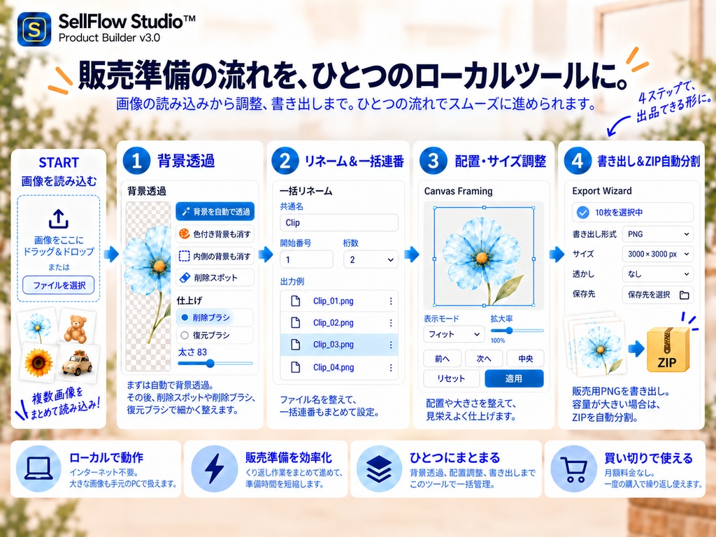 SellFlow Studio™ Product Builder|AIクリップアートの背景透過・販売準備ツール