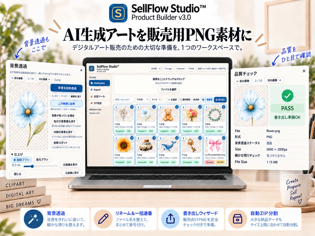 SellFlow Studio™ Product Builder｜AIクリップアートの背景透過・販売準備ツール