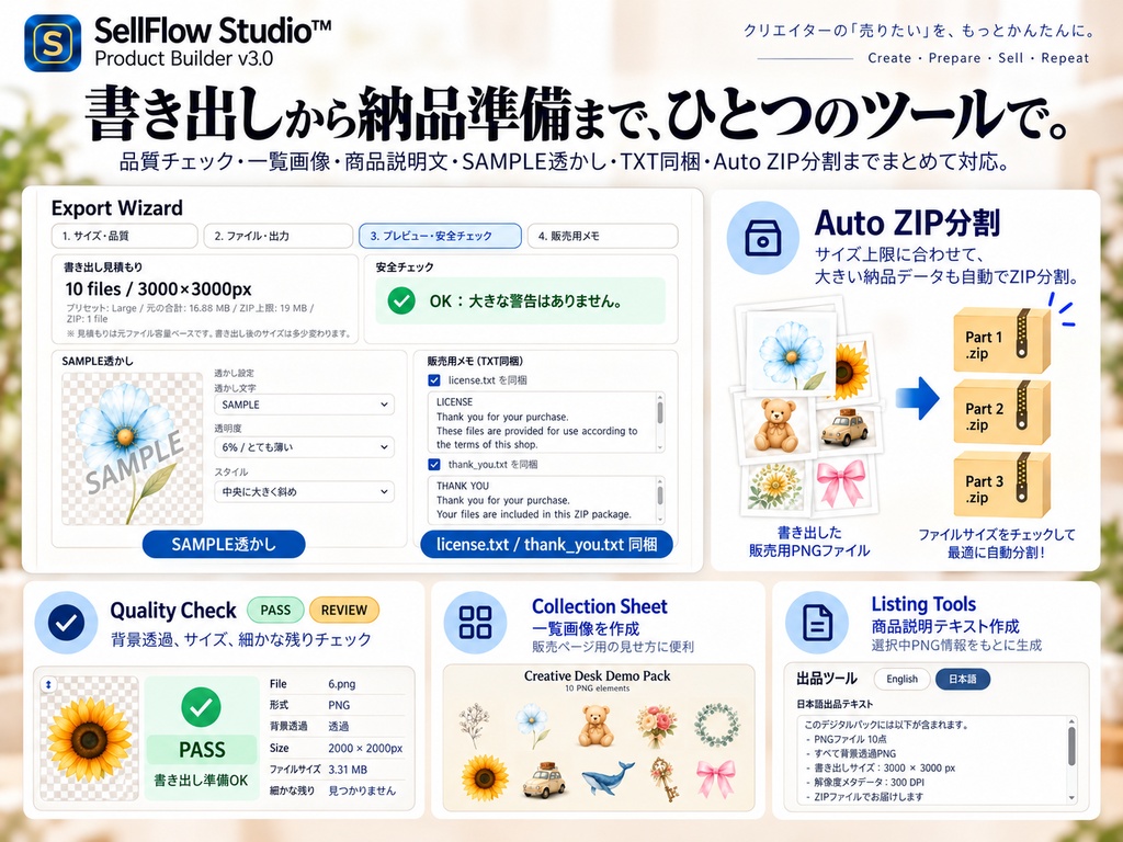 SellFlow Studio™ Product Builder|AIクリップアートの背景透過・販売準備ツール