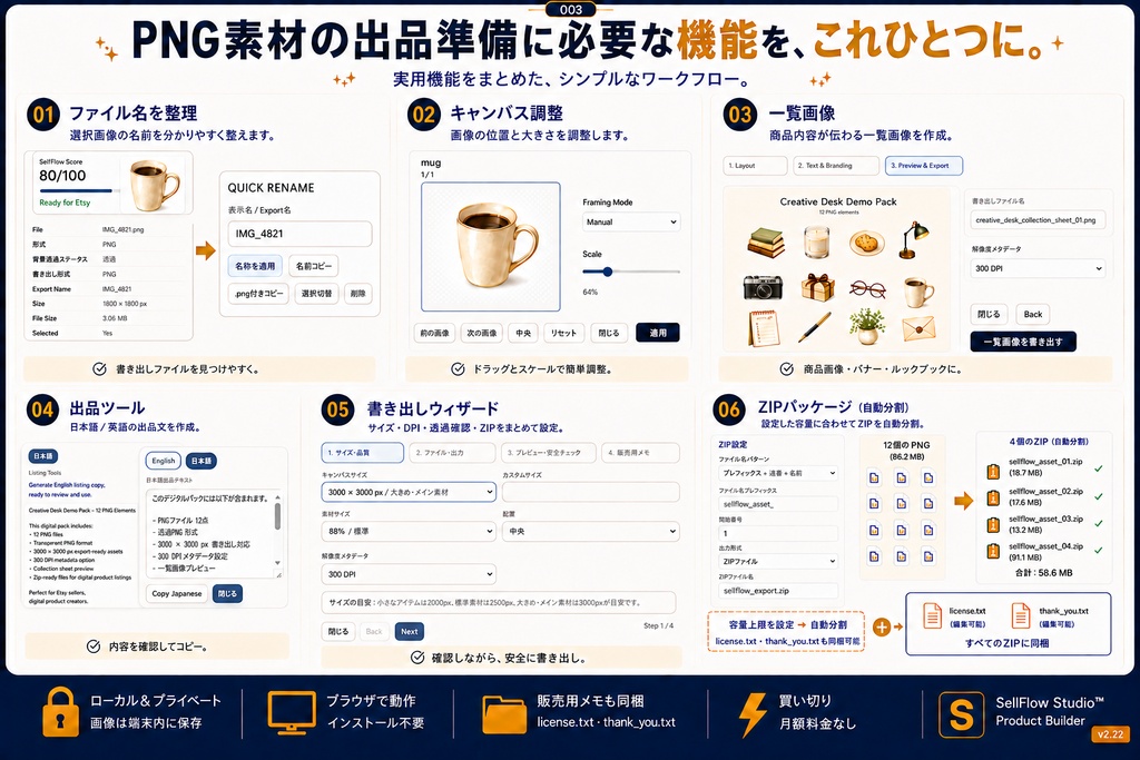 SellFlow Studio™ Product Builder v2.22|画像素材の販売準備・ZIP作成ツール