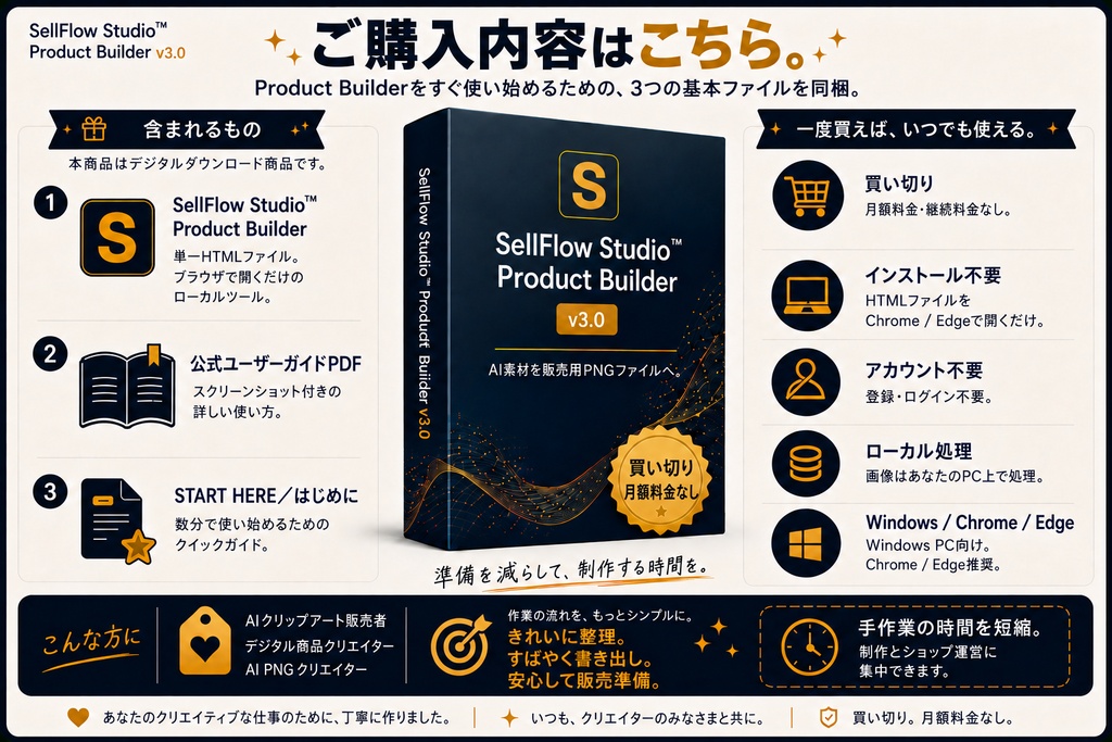 SellFlow Studio™ Product Builder|AIクリップアートの背景透過・販売準備ツール